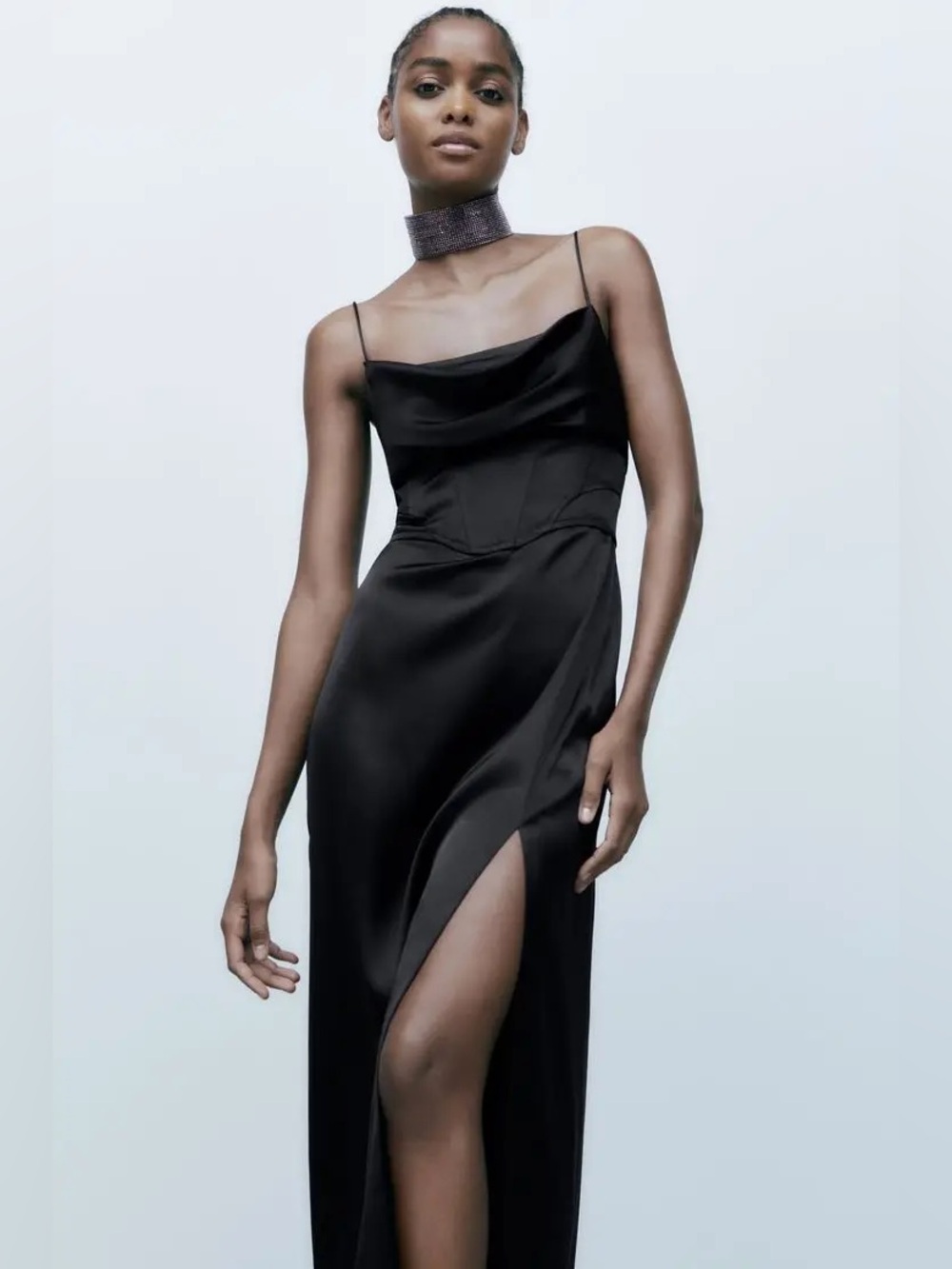 🆕NWT ZARA Black Corset Satin Formal Dress with Slit and Spaghetti Straps size XL - Picture 5 of 15